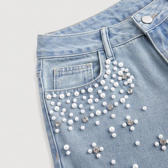 Blue Casual Women's Front Button Pocket Faux Pearl Decor Denim Jeans - Picture 4 of 4